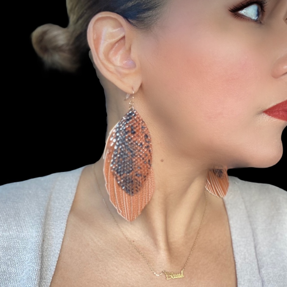 Leather Animal Print Leaf Shape Earrings G10